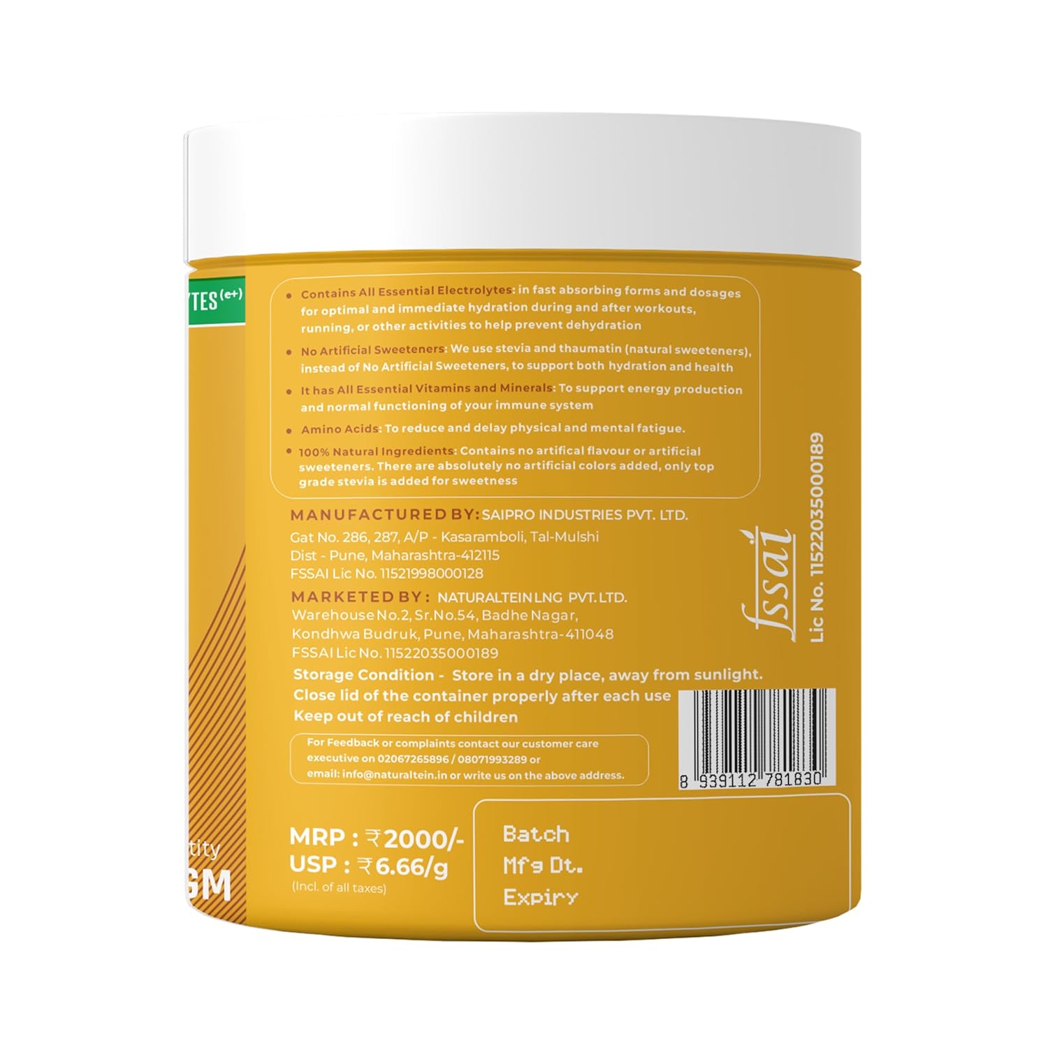 Naturaltein BCAA E+ Boost - Vegan BCAAs with Electrolytes, Vitamins & Minerals - 300g Clean Energy Drink - Natural Orange