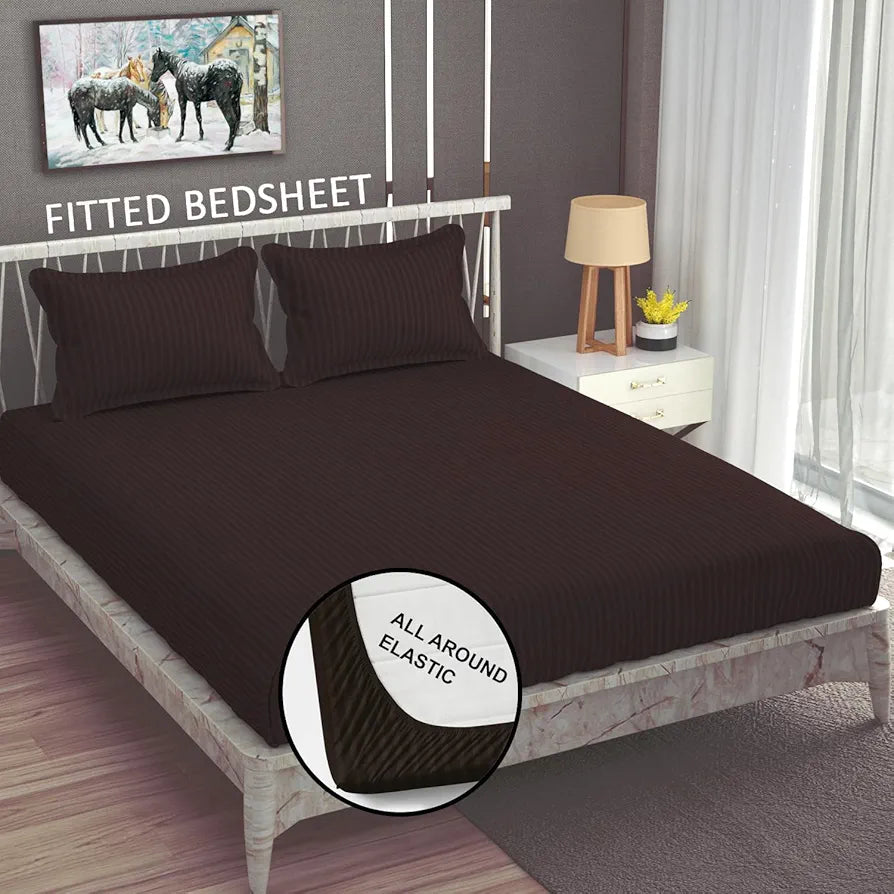 Homefab India 160 TC Stripe Cotton Feel Glace Cotton Elastic Fitted King Size Double Bed Bedsheet with 2 Pillow Covers Fits Upto 6 inches Mattress Brown