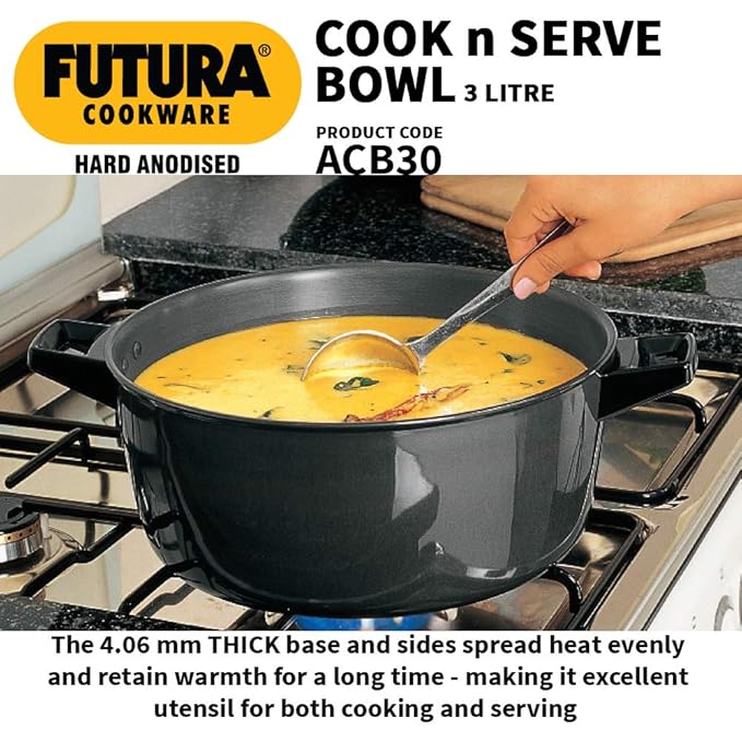 Hawkins Futura 3 Litre Cook n Serve Bowl Hard Anodised Saucepan with Hard Anodised Lid