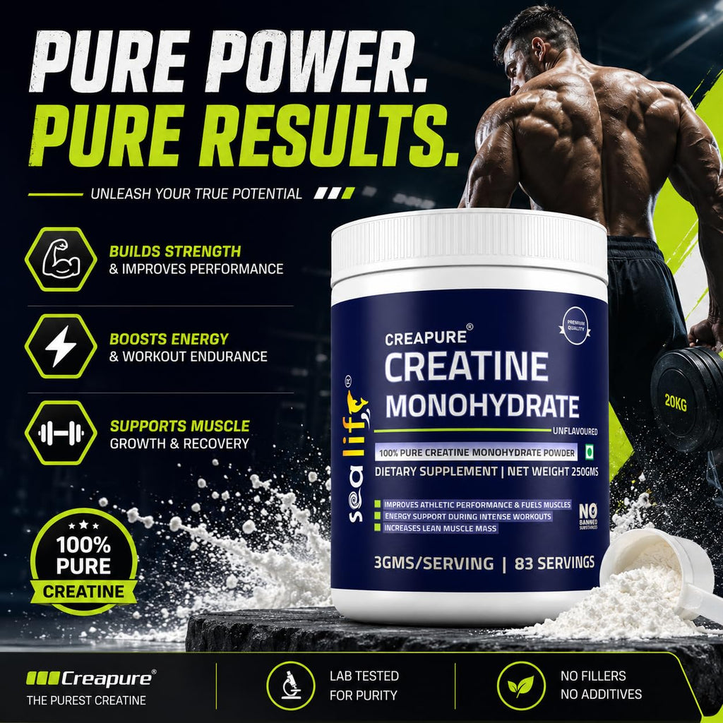 Sea Life Creatine Monohydrate |100% Pure Creatine Powder 250gm,83 Servings |Improves Athletic Performance & Fuels Muscles |Lean Muscle Building Supports | Muscle Repair & Recovery | Creapure Creatine