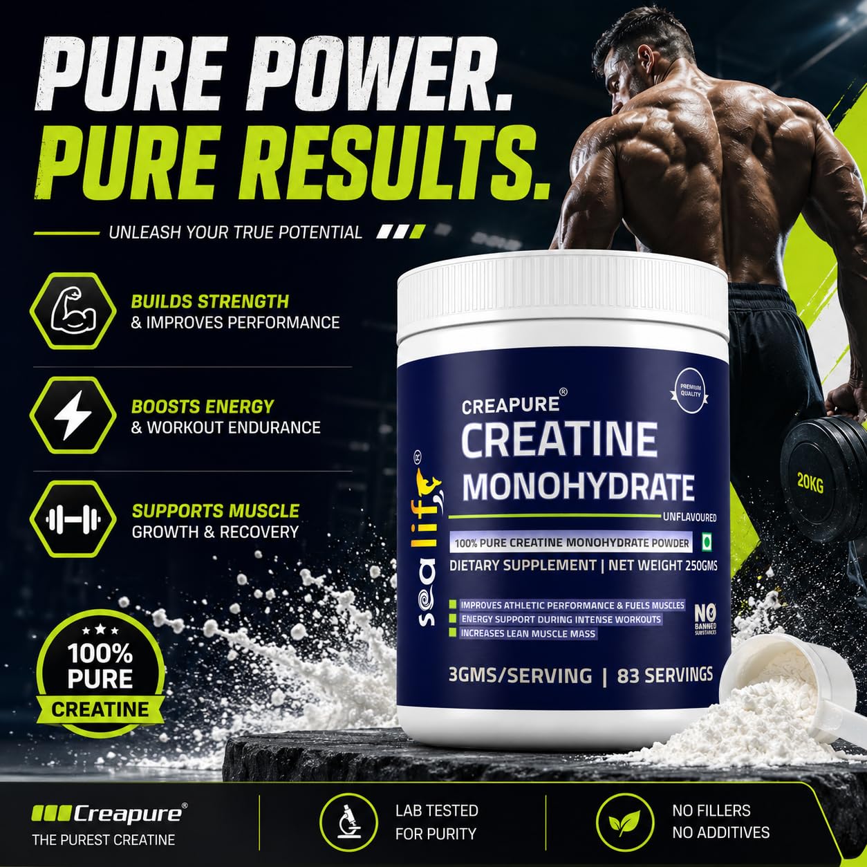 Sea Life Creatine Monohydrate |100% Pure Creatine Powder 250gm,83 Servings |Improves Athletic Performance & Fuels Muscles |Lean Muscle Building Supports | Muscle Repair & Recovery | Creapure Creatine