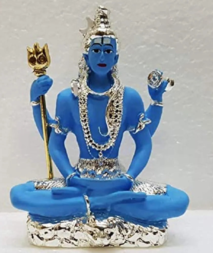 Gold Art India Resin 999 Silver Plated Blue Shiva Idol Blue