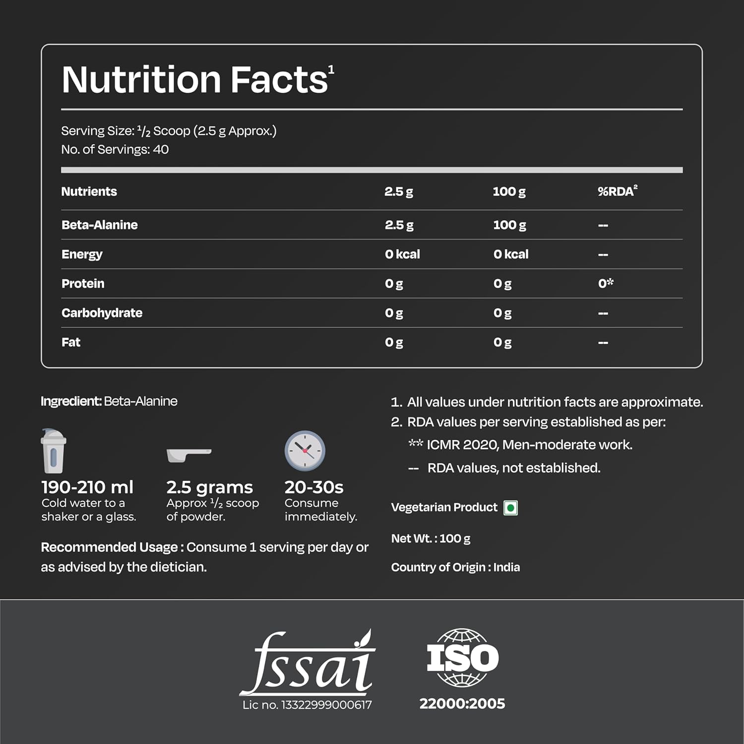 Nutrabay Pure 100% Beta Alanine Powder 2500mg, Pre Workout Amino Acid Supplement for Improved Endurance & Fatigue Reduction | Free from Steroids, Preservatives & Banned Substances - 100g, Unflavoured