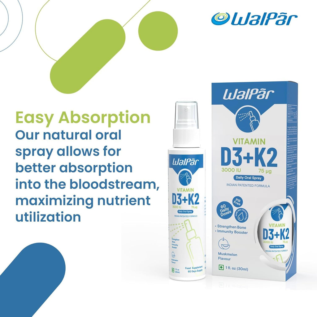 WALPAR Vitamin D3 & K2 Oral Spray (60 Doses) - 600 Iu Multivitamin Spray W/ Muskmelon Flavor - Easy Absorption Oral Vitamin D Liquid Supplement - Bone Health Support & Immune Spray For Adults - Liquid