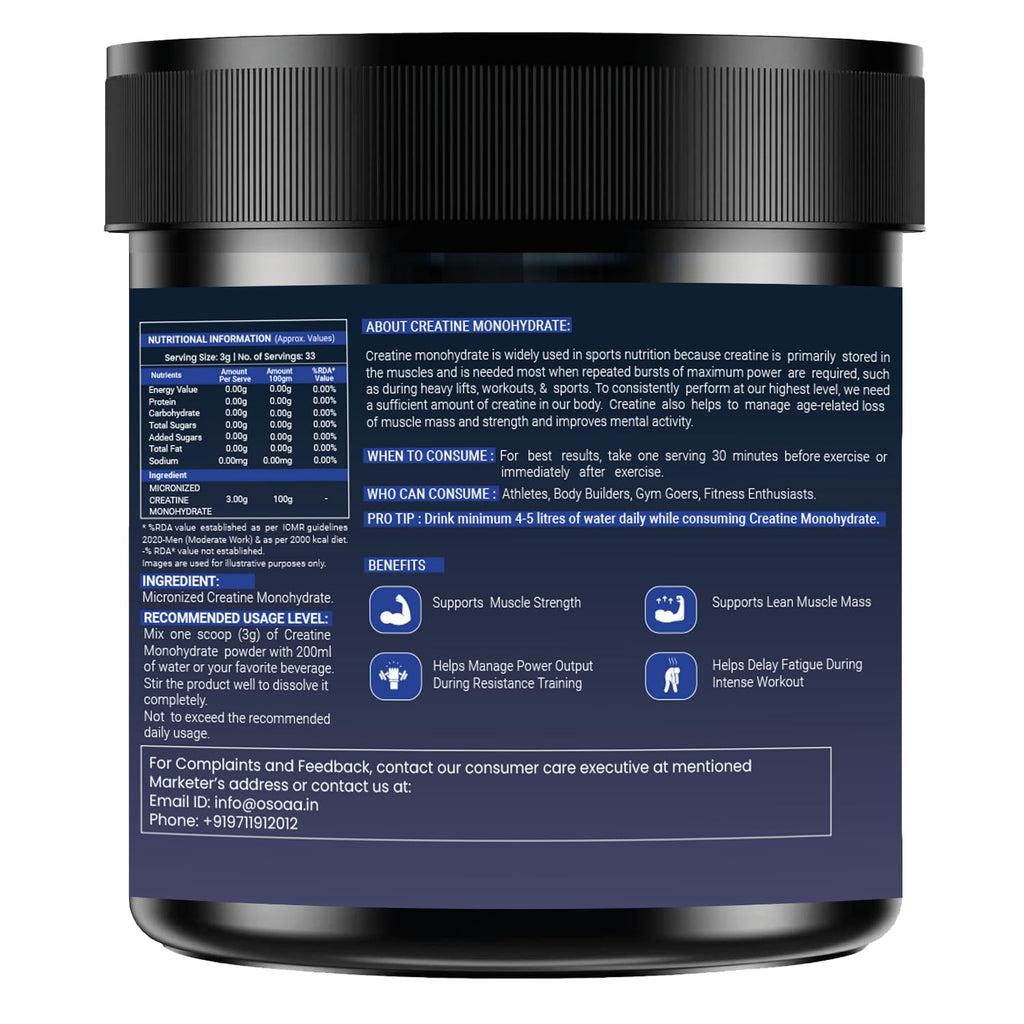 OSOAA Micronized Creatine Monohydrate Powder - 100g, Unflavoured | 3g Creatine/Serving | Pre/Post Workout Supplement for Muscle Repair & Recovery | Supports Athletic Performance & Power