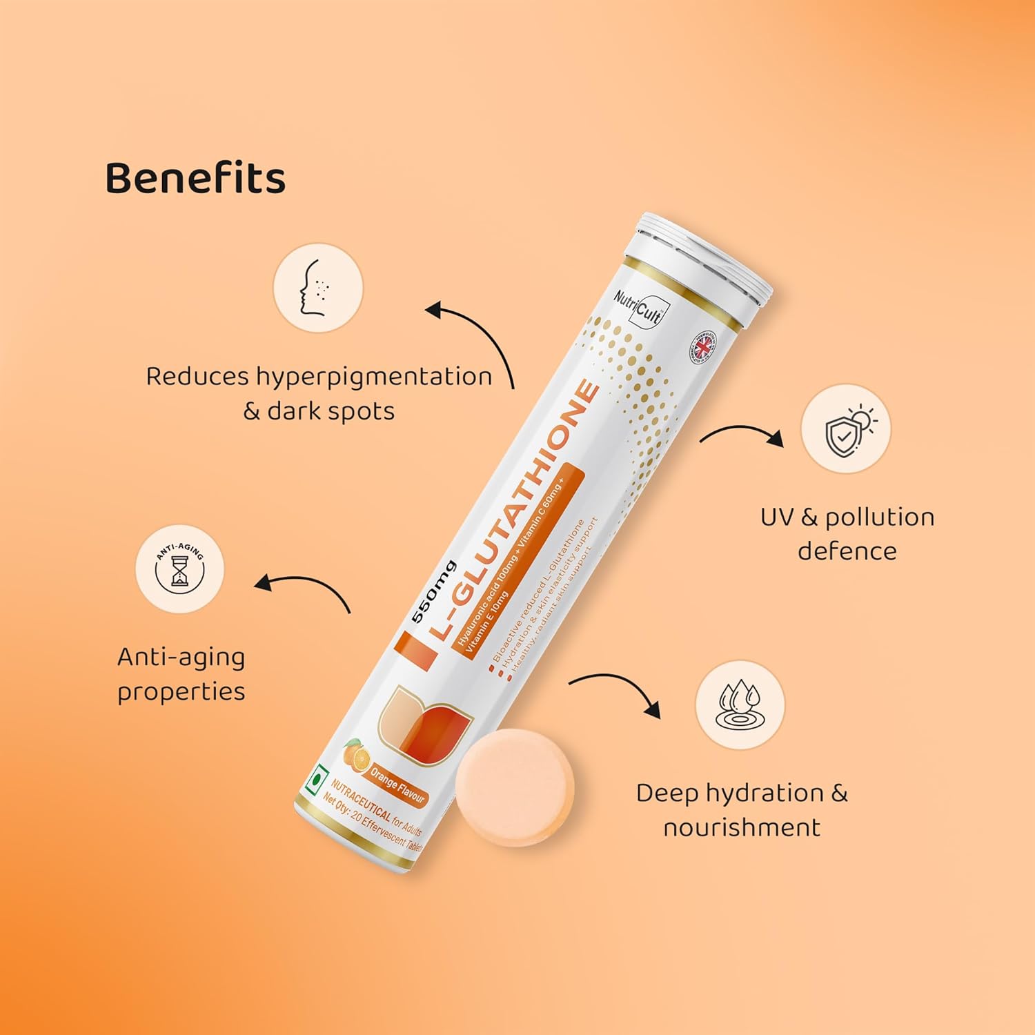 Nutricult L-Glutathione 550mg - 20 Effervescent Tablets Glutathione Effervescent Tablets for Glowing Skin with Hyaluronic Acid Vitamin C & Vitamin E | Skin Glow Supplement For Clear Skin | Orange