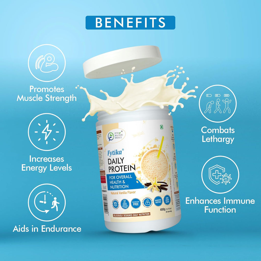 Fytika Daily Protein-400g (Pack of 1, Vanila) | Complete Nutrition Drink for Adults with 37 Essential Vitamins & Minerals | 50% Protein Per Serve | High Protein Drink for Men & Women