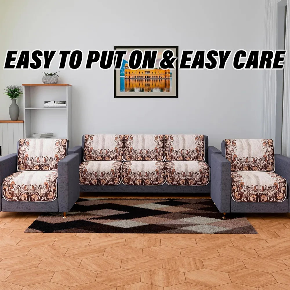 Kuber Industries Sofa Slip Cover Set Brown Flower Sofa Cover 5 Seater Couch Cover Cream
