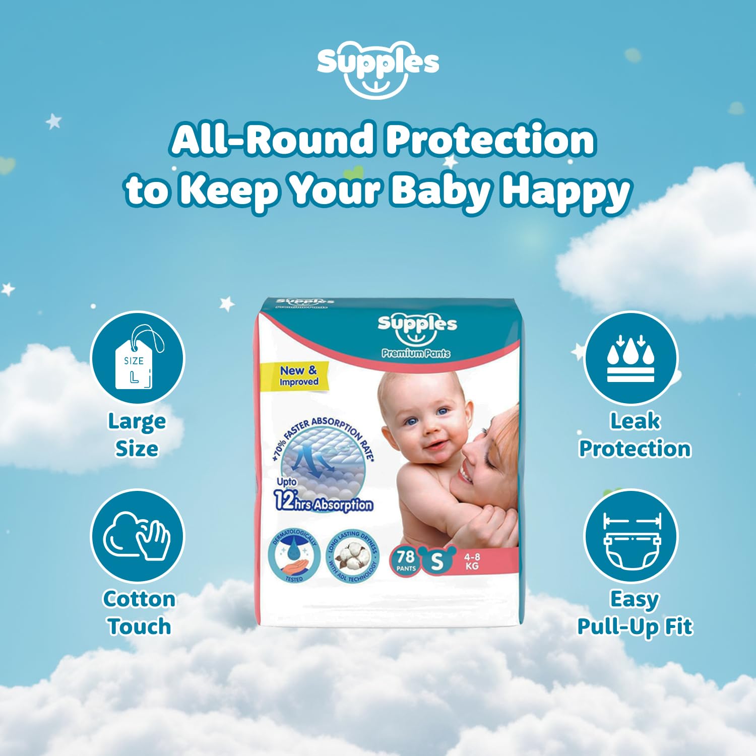 Supples Premium Baby Diaper Pants | 78 Baby Diapers | Small | 4-8 Kg | 12 Hrs Absorption | Cushiony Cotton Soft Fabric | Phthalates-Free | Triple Leak Guard