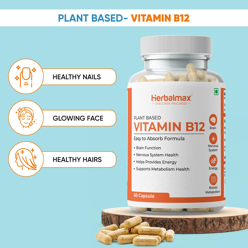 Herbalmax Plant-Based Vitamin B-12 2.2mcg â€“ 60 Veg Capsules | Boost Energy & Metabolism, Supports Healthy Nervous System, Brain Function, Mental Clarity & Focus for Men & Women