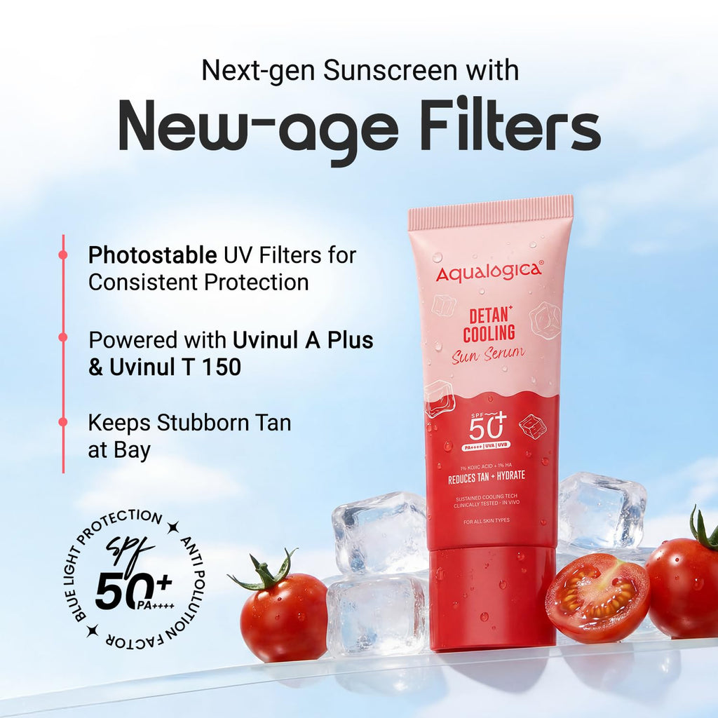 Aqualogica Detan+ Cooling Sun Serum 50g | SPF 50+ PA++++ | 1% Kojic Acid & 1% Hyaluronic Acid | Photostable UV Filters | Serum-Light Texture | Instant Cooling | Tan Protection | Triple Cooling Technology | In-Vivo Tested | Papaya Extract