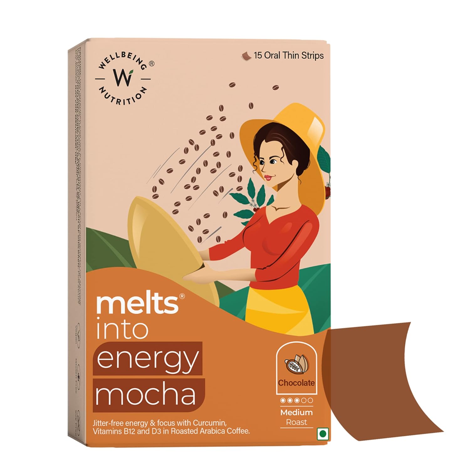 Wellbeing Nutrition Melts Energy Mocha | Arabica Coffee, CurcuWINÂ®, Folate and Vitamin B12 for Sustained Energy, Enhanced Focus & Improved Cognitive Health | Mocha Flavor (15 Oral Strips)