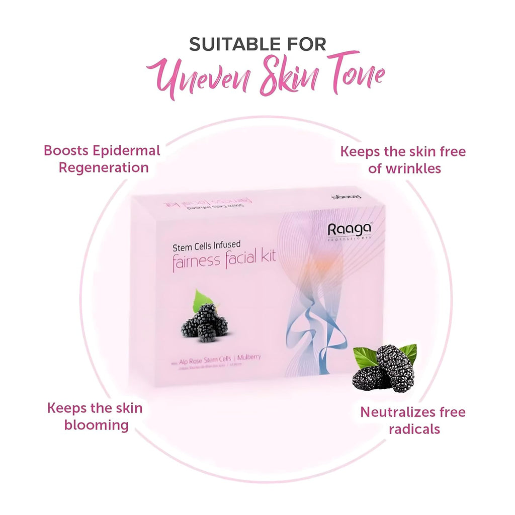 Raaga Professional Fairness Facial Kit | Infused with Alp Rose Stem Cells & Mulberry | Instant Glow & Skin Brightening | 61g