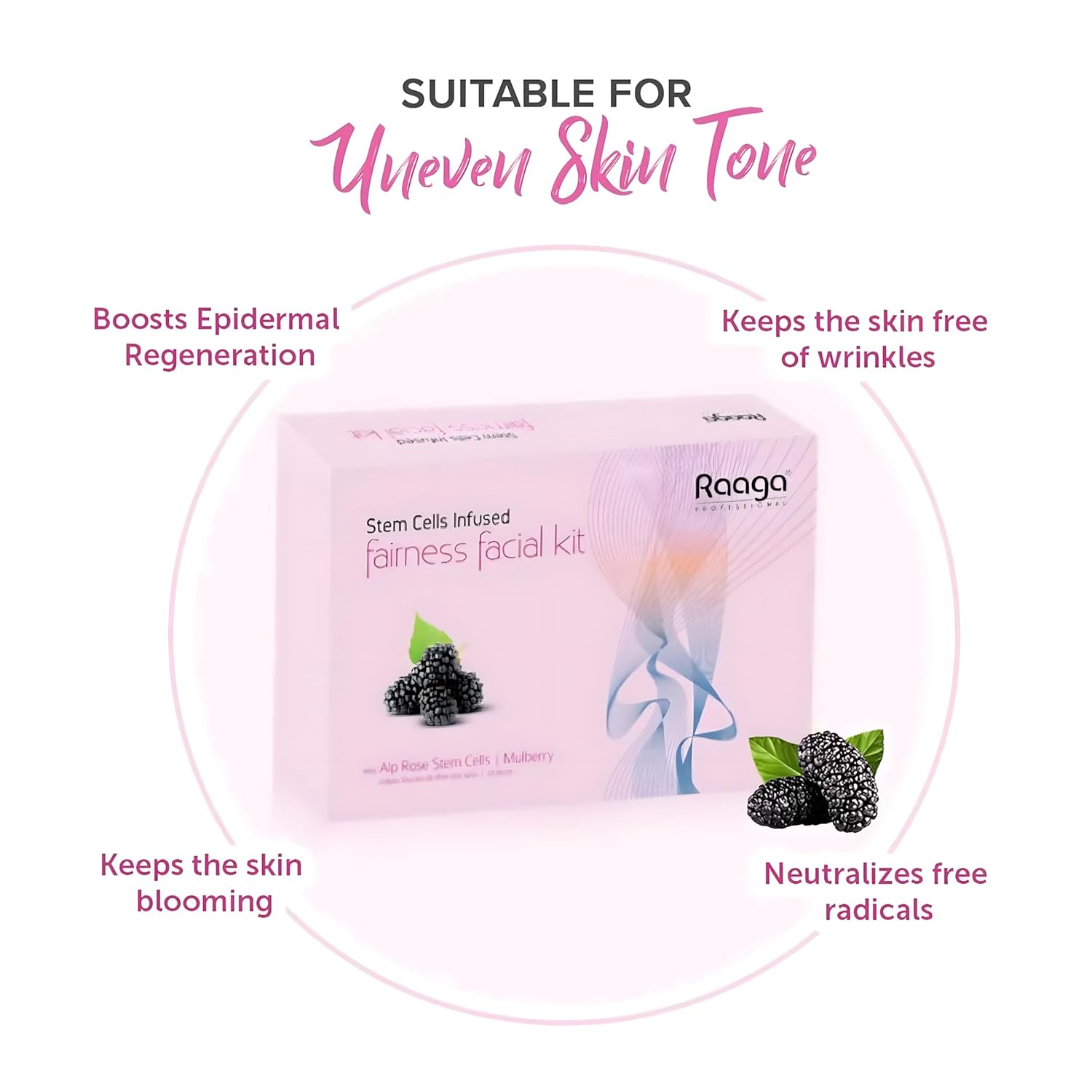 Raaga Professional Fairness Facial Kit | Infused with Alp Rose Stem Cells & Mulberry | Instant Glow & Skin Brightening | 61g