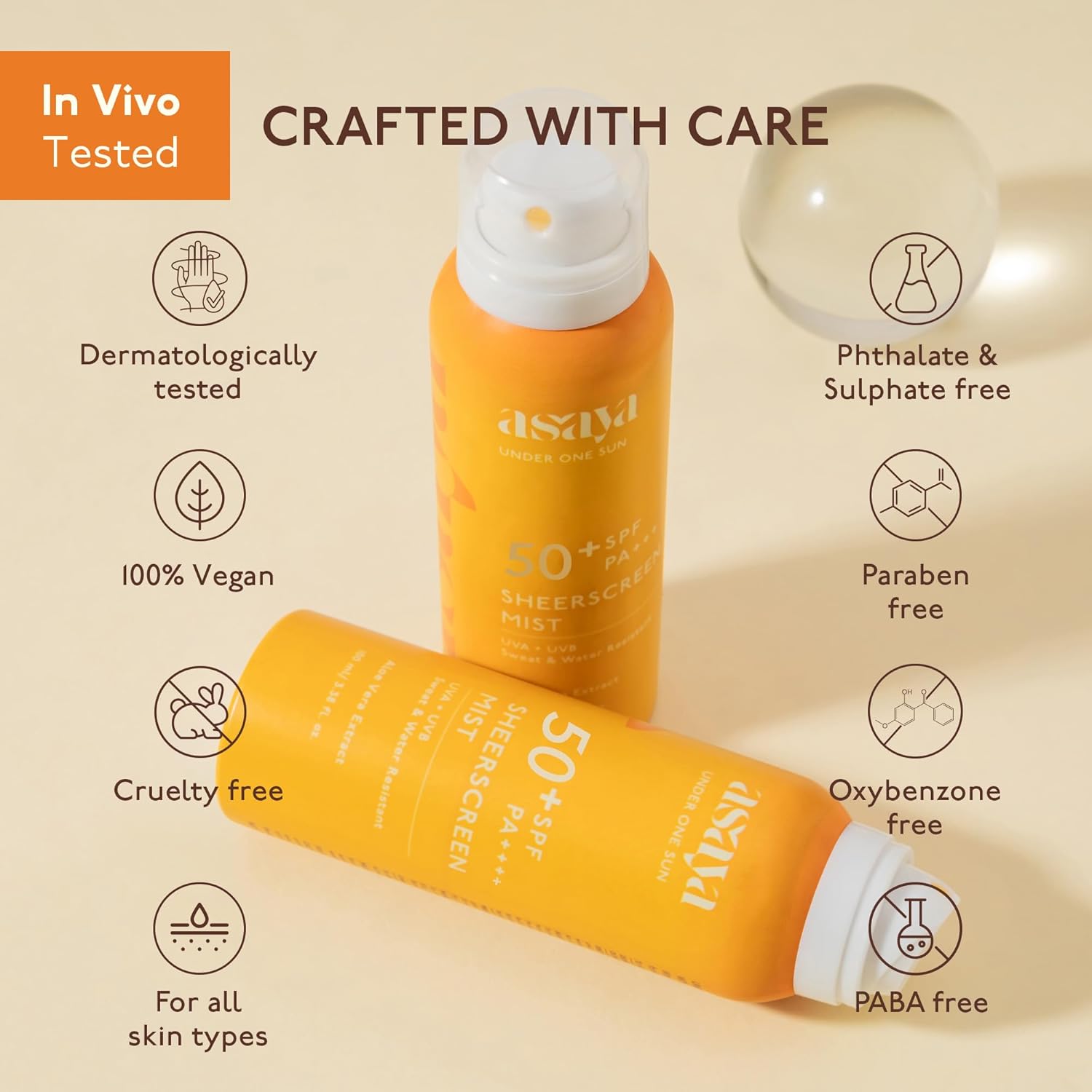 ASAYA | Body Sunscreen Spray SPF 50+ PA++++ | In VIVO Tested | Lightweight Broad Spectrum Protection | Quick Dry Mist | Designed for Outdoor & Daily Use | For Men & Women | 100 ml