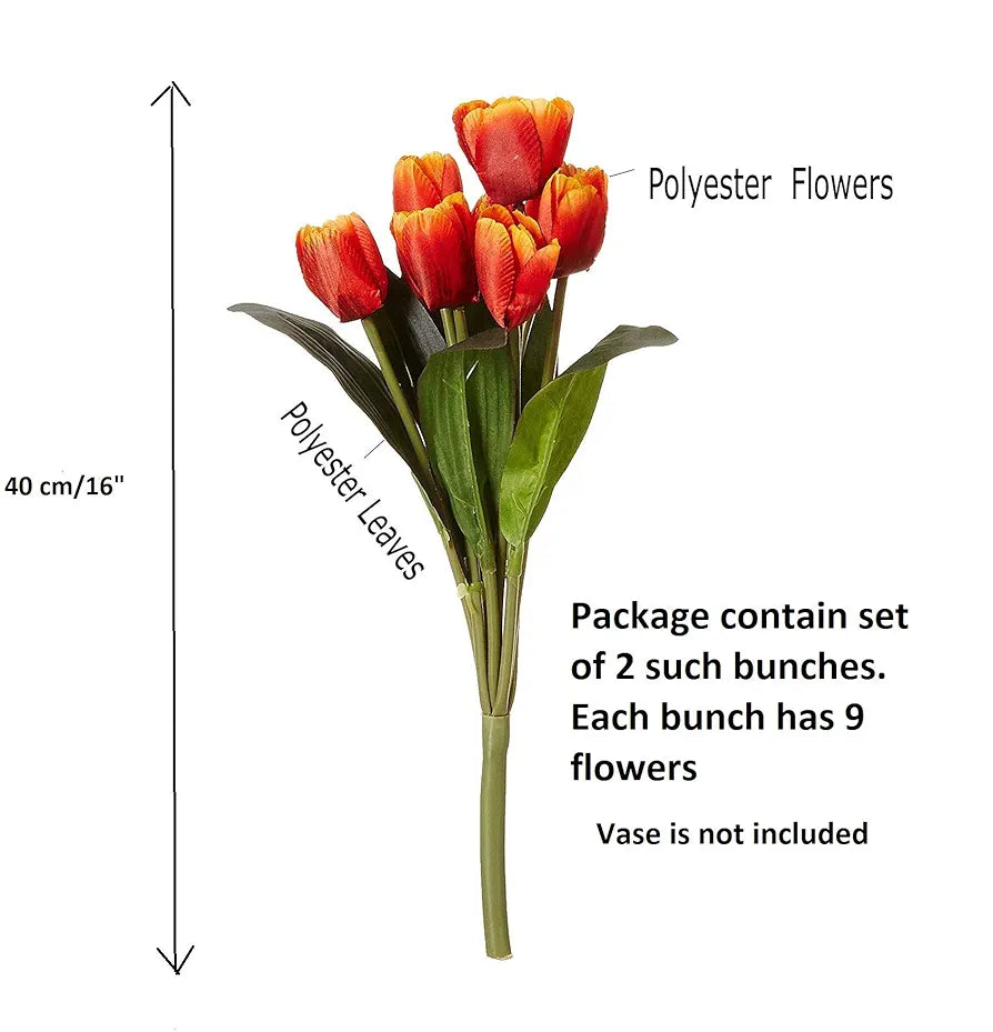 Beautiful Artificial Polyester and Plastic Tulip Flower Bunch Orange Set of 2
