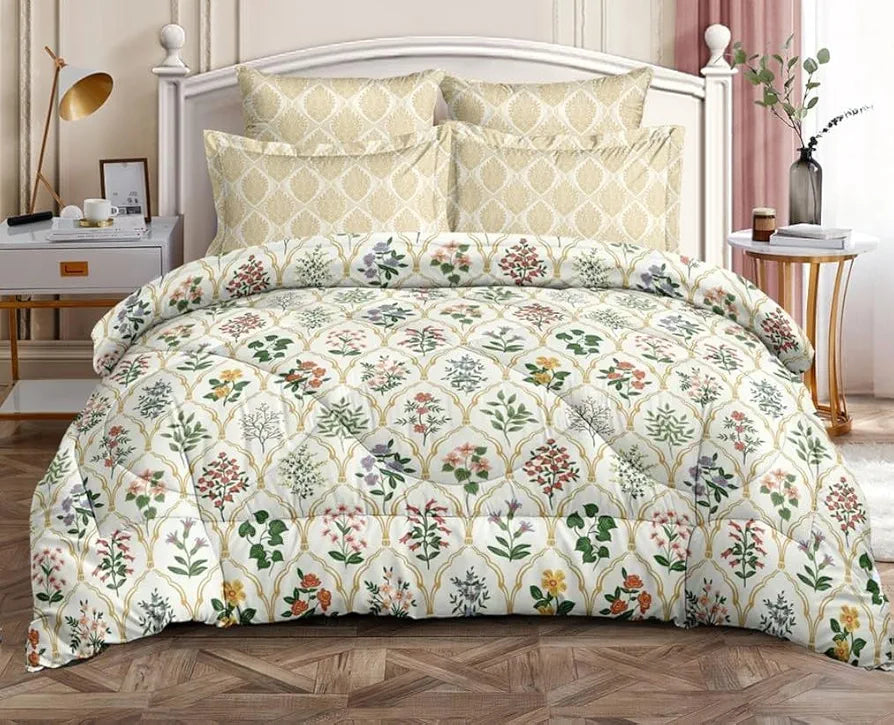 The Home Style Cotton Feel Glace Cotton Elastic Single Bed Bedsheet With 1 Pillow Cover 400 TC  White Floral Paradise