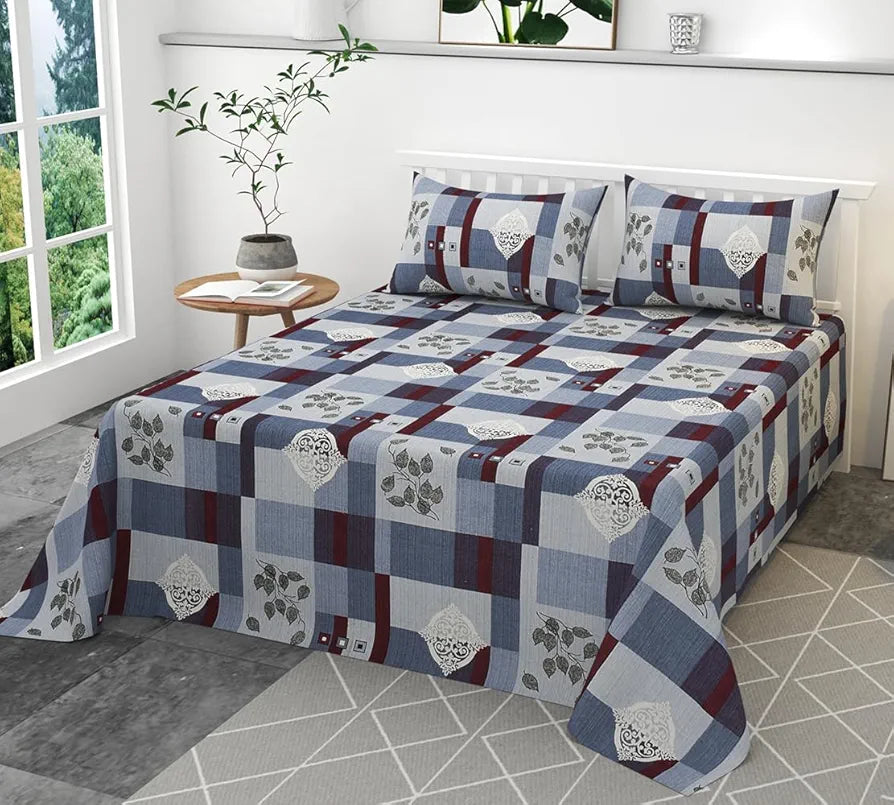 HomeKart Ultra Super Soft Pure Cotton Double Bedsheet with Two Pillow Covers for Your Bedroom Floral & Block Printed Premium Bedsheet  300 TC Blue & White