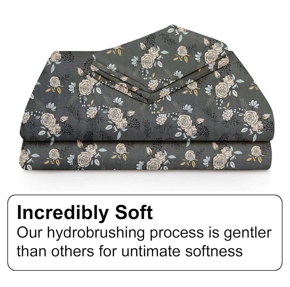 Fresh From Loom King Size Microfiber Fitted Bedsheet Set with Floral Print 240 TC Anti Fade 2 Pillow Covers Rose Oslo Grey