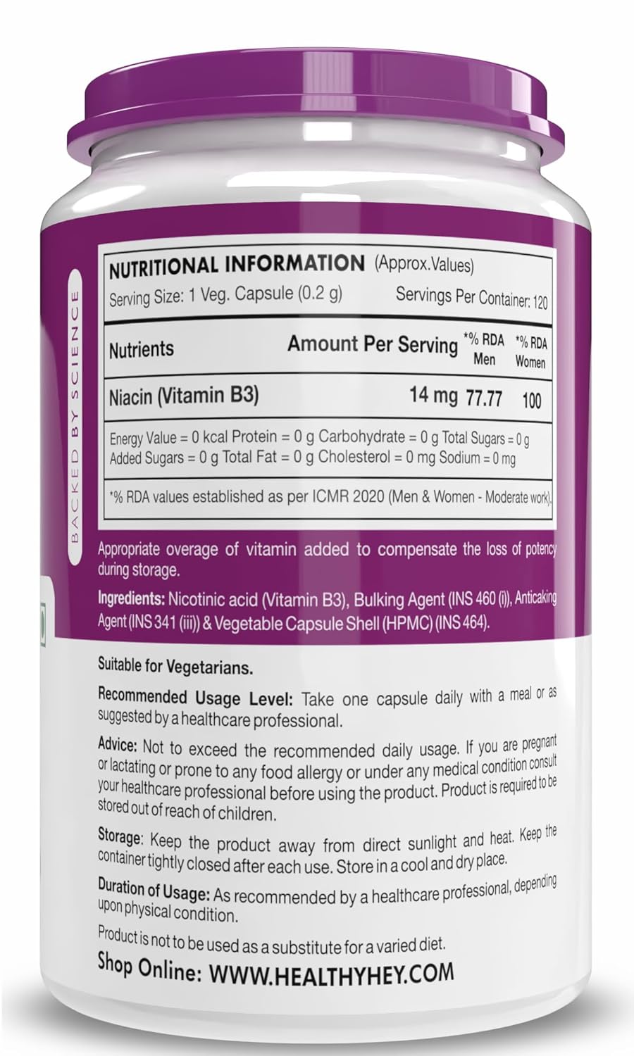 HealthyHey Nutrition Niacin Vitamin B3 120 Veg. Capsules