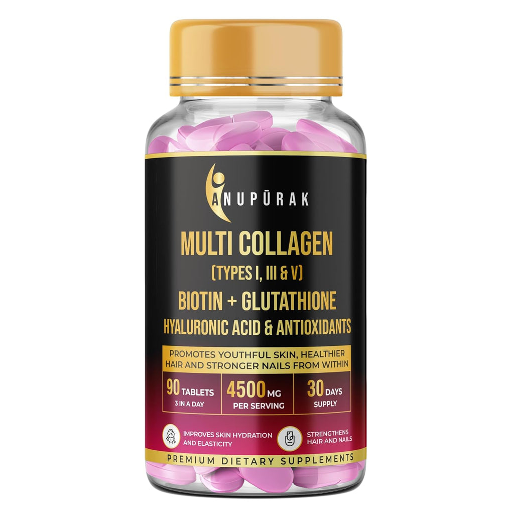 ANUPURAK Multi Collagen Complex Tablets — 3000mg · Types I, III & V | 18 Actives: Reduced Glutathione, Hyaluronic Acid, Astaxanthin & Biotin | Skin, Hair & Nail Daily Beauty Nutrition | 90 Tablets (30 Days)