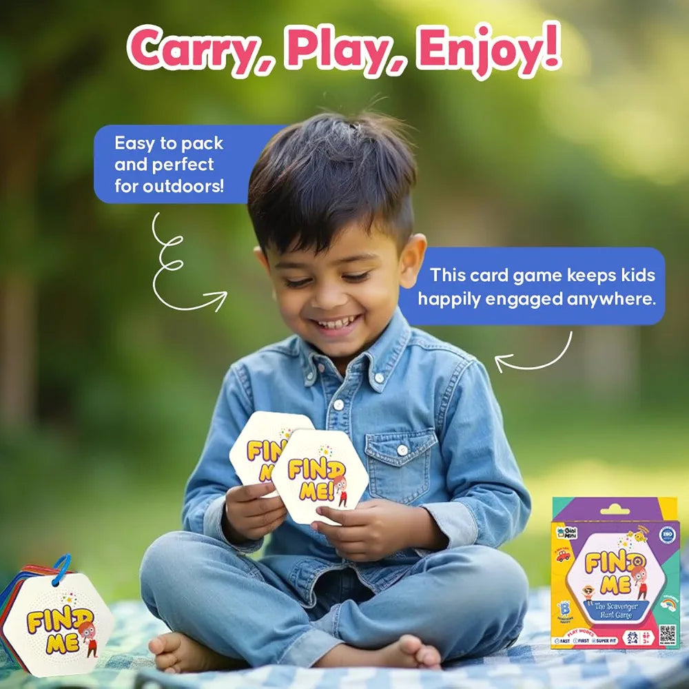 GiniMini FIND ME Scavenger Hunt Game for Ages 3+ 60 Reusable Cards 3 Play Modes Fast, First, Super FIT Indoor, Outdoor & Travel Boosts Observation, Memory & Vocabulary Family Fun