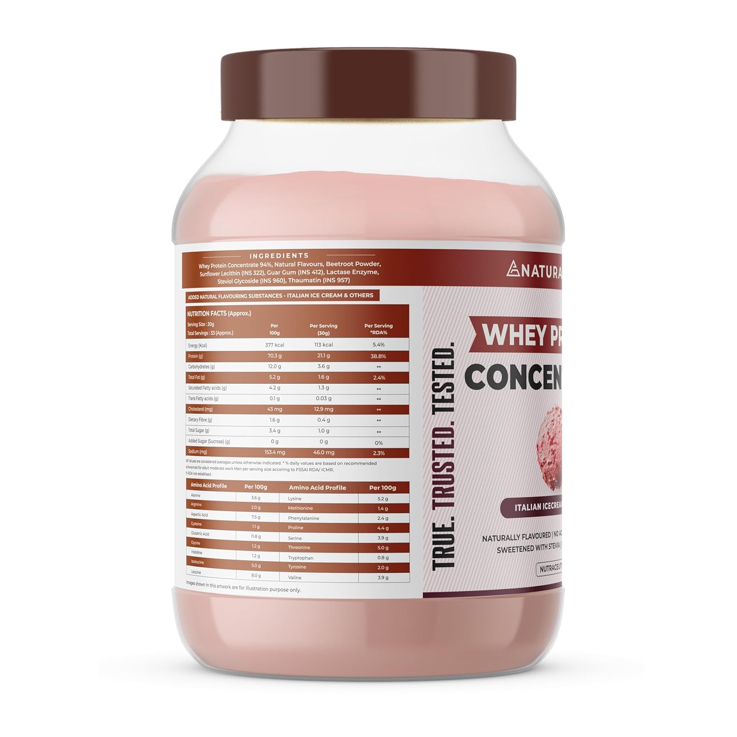 NATURALTEIN Natural Whey Protein Concentrate Italian Ice Cream â€“ 1 kg | 21.1 g Protein per Serving | Naturally Flavoured | No Artificial Sweeteners | Soy-Free, Gluten-Free & Easy to Digest
