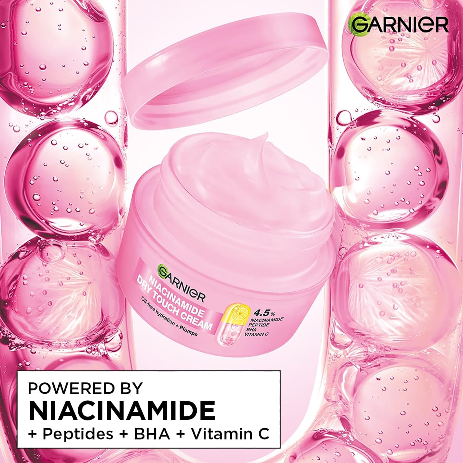 Garnier Fresh & Plump Niacinamide Sorbet Moisturizer Cream, 4.5% Niacinamide + Peptide + BHA + Vitamin C, 9x Lighter Sorbet Cream, For Hydrated and Plump Skin, Suitable for Oily to Normal & Combination Skin, 45g