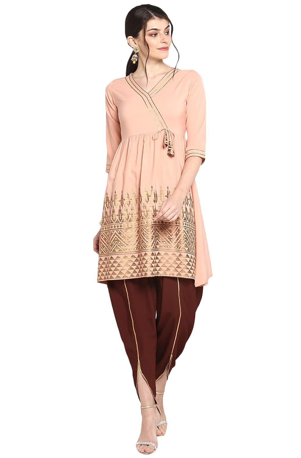 Janasya Women's Peach Georgette Thread Work Kurta with Sharara
