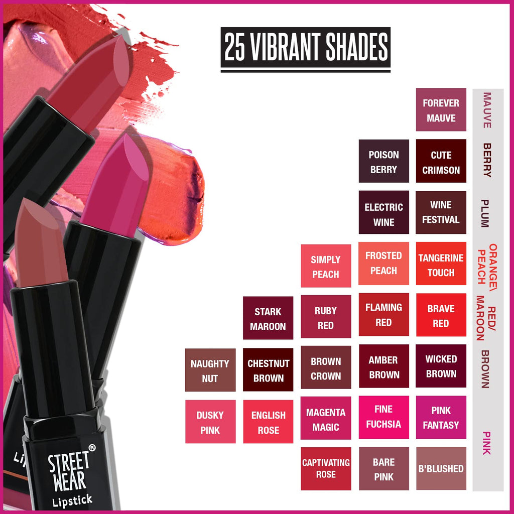 STREET WEAR Satin Smooth Lipstick -FOREVER MAUVE (Mauve) - 4.2 gms - Longwear Creme Lipstick, Moisturizing, Creamy Formuation, 100% Color payoff, Enriched with Aloe vera, Vitamin E and Shea Butter