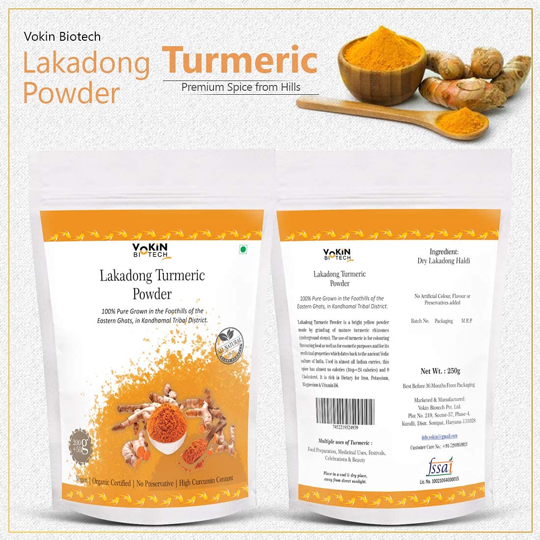 Vokin Biotech Lakadong Turmeric Powder | High Curcumin Content 7-9% Haldi Powder | Immunity Booster
