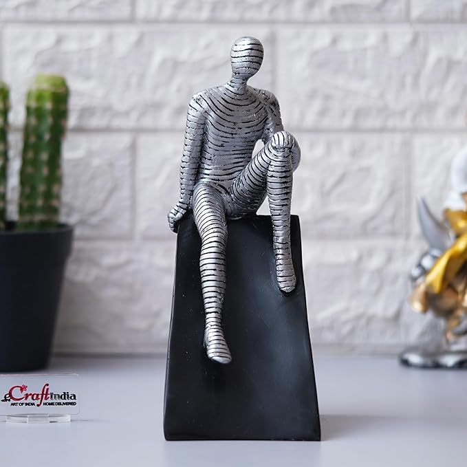 Ecraftindia Silver Man Statue Sitting on Triangle Black Base Human Figurine Decorative Showpiece