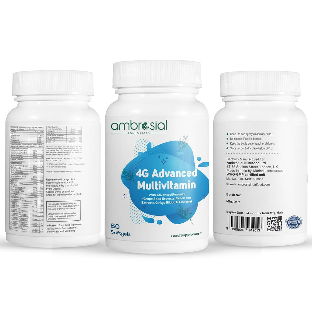 Ambrosial 4GAdvanced Multivitamin for Men| High Strength Multivitamin for Women with 45 Essential Vitamins & Minerals| Goodness of Ginseng Green, Tea, Vitamin B12, B7, B9, D3 (Pack of 1-60 Softgels)
