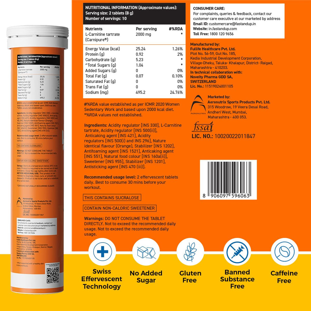 Fast&Up L-Carnitine 2000mg Effervescent Tablets | Premium CarnipureÂ® Carnitine Supplement | Helps Convert Fat into Energy, Supports Weight Loss, Fat Burn & Lean Muscle | Orange Flavour, 20 Tabs (Pack of 3)