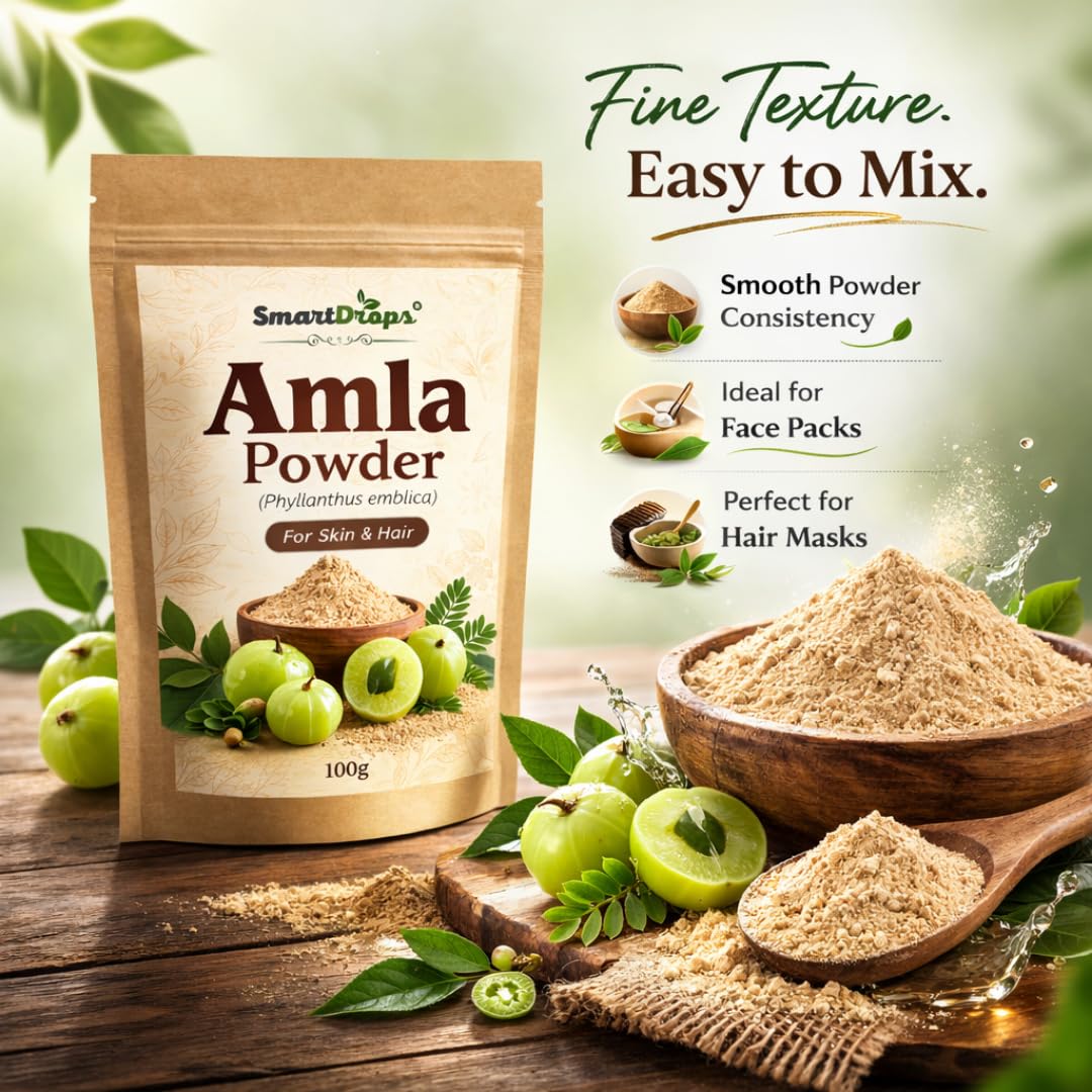 Smartdrops Amla Powder for Hair Care Natural Hair Pack Powder for Scalp Massage Hair Mask DIY Hair Care Routine | Indian Gooseberry | Ideal for Hair, Skin, or Culinary Use | 100g (Pack-1)
