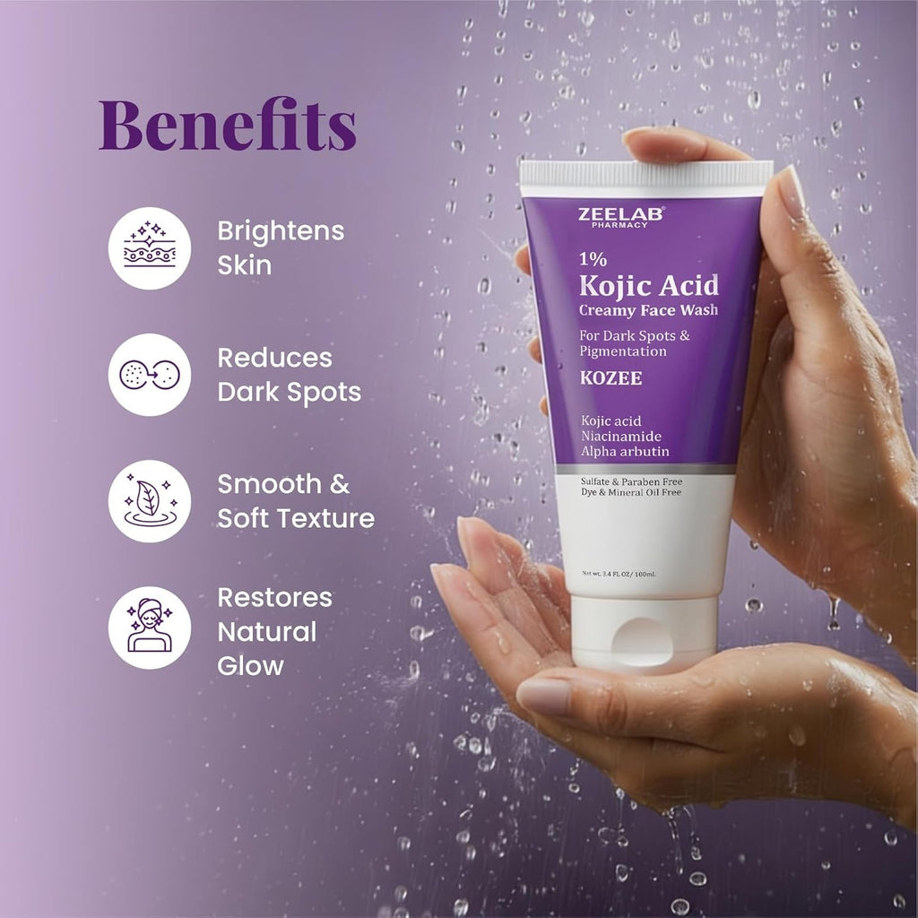 Zeelab Kozee Kojic Acid 1% Face Wash for Dark Spots & Uneven Skin Tone | With Alpha Arbutin, Niacinamide & Vitamin E | Gentle Brightening & Cleansing Face Wash | Suitable for All Skin Types | 100ml