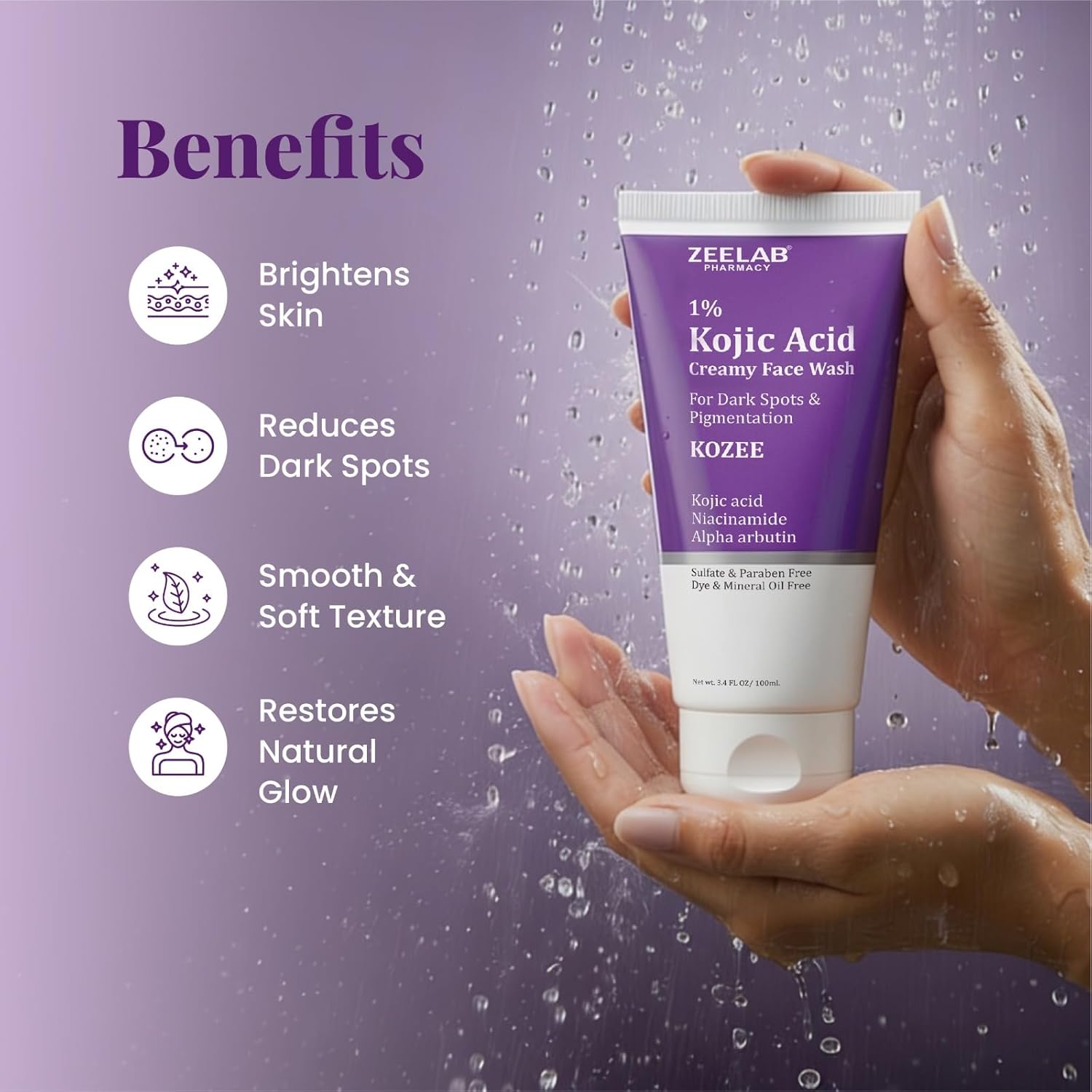 Zeelab Kozee Kojic Acid 1% Face Wash for Dark Spots & Uneven Skin Tone | With Alpha Arbutin, Niacinamide & Vitamin E | Gentle Brightening & Cleansing Face Wash | Suitable for All Skin Types | 100ml
