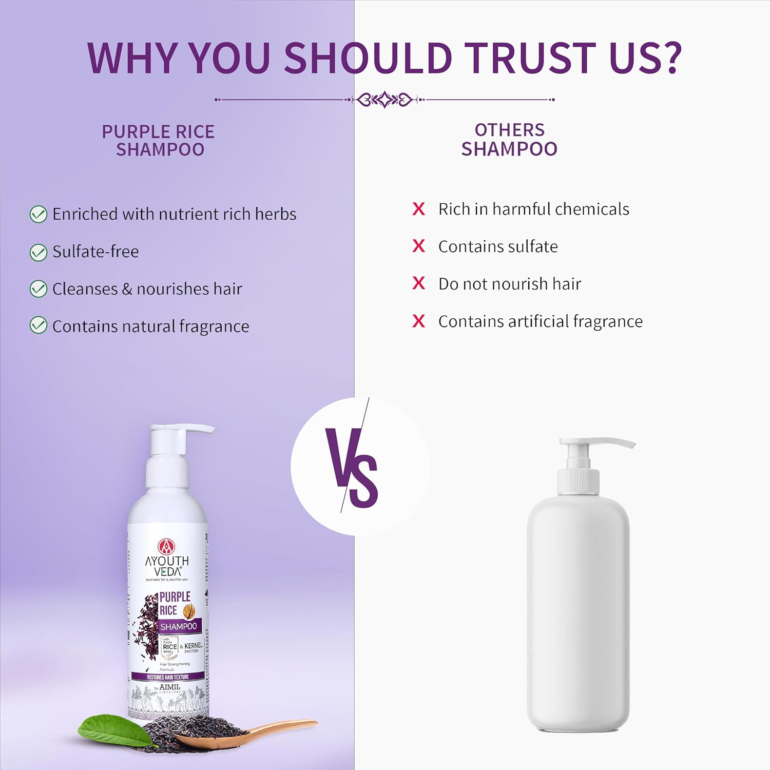 Ayouthveda Purple Rice Water & Kernel Protein Shampoo | With the Goodness of Betel Leaves & Guava Leaves | For Damage & Frizzy Hair | Helps To Restore Hair Texture (Pack of 1; 200ml)