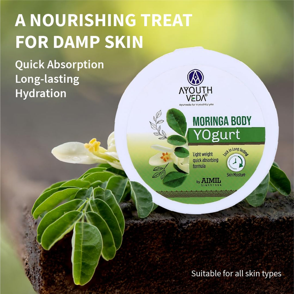 Ayouthveda Moringa Body Yogurt | Instant & Deep Hydrating Moisturizer For Daily use | Non Greasy Formula | Helps to Improve Skin Tone & Repair Skin Damages (Pack of 200gm)