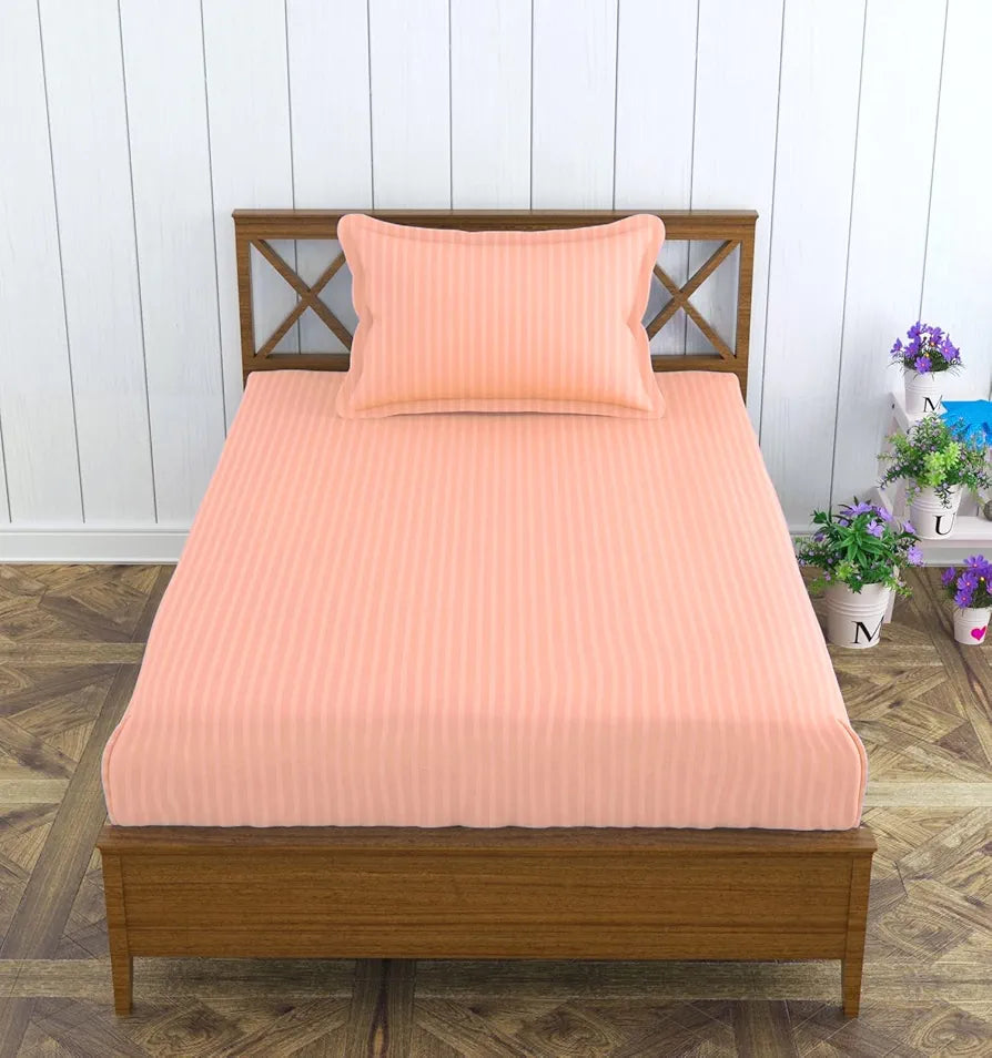 Trance Home Linen 100% Cotton 78x36 inch Single Fitted 200TC Satin Stripe Elastic Fitted Bedsheet Bedspread with 1 Pillow Covers Colour Peach