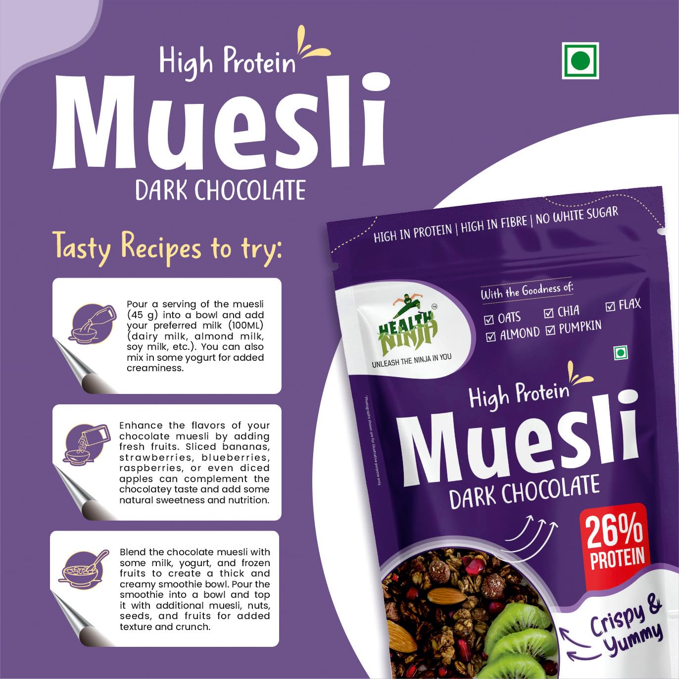 Health Ninja Dark Chocolate Muesli, 900 gms | High Protein Breakfast Cereal | Oats, Almonds, Chia, Flax & Pumpkin Seeds