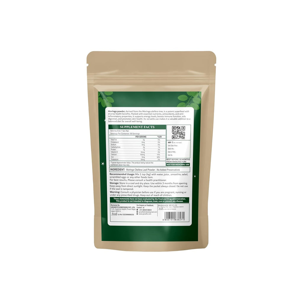 Growfitz 100% Organic Moringa Powder 200g | Healthy Superfood For Weight Loss, Naturally Boost Energy Levels, Multivitamins, Digestion, Stamina, Skincare | Rich in Nutrients (Pack of 1)