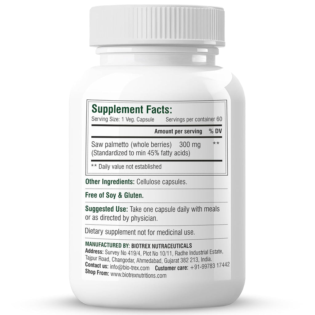 Biotrex Nutraceuticals Saw Palmetto 300mg | Prostate Health & Urinary Support | Hair Growth | DHT Blocker | Advanced Natural Source Supplement With 45% Fatty Acids | 60 Veg Capsules