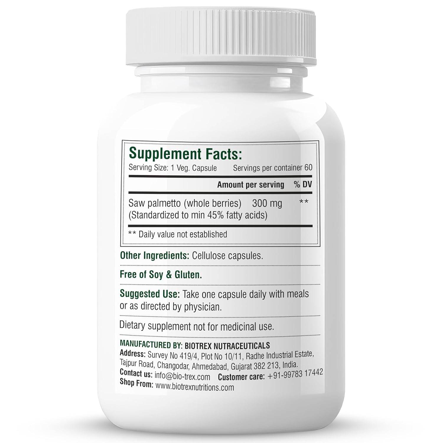 Biotrex Nutraceuticals Saw Palmetto 300mg | Prostate Health & Urinary Support | Hair Growth | DHT Blocker | Advanced Natural Source Supplement With 45% Fatty Acids | 60 Veg Capsules