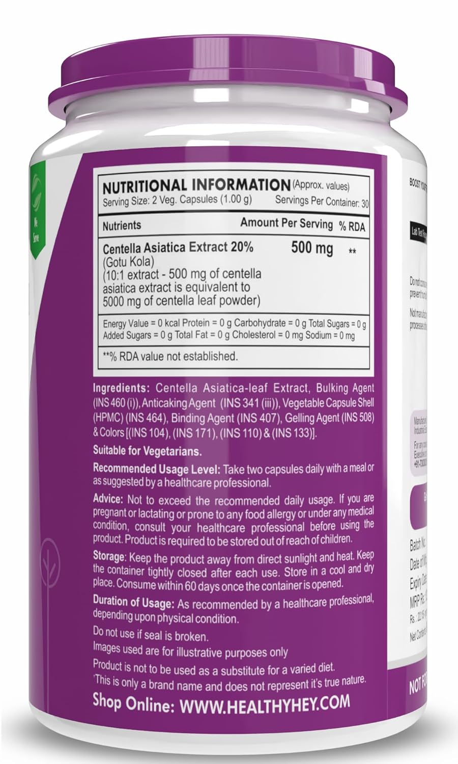 HealthyHey Nutrition Gotu Kola Extract Supplement, Adaptogen for Brain & Nervous System Support, Calming, Mental Clarity - 60 Capsules, Non GMO, Gluten Free, Vegan