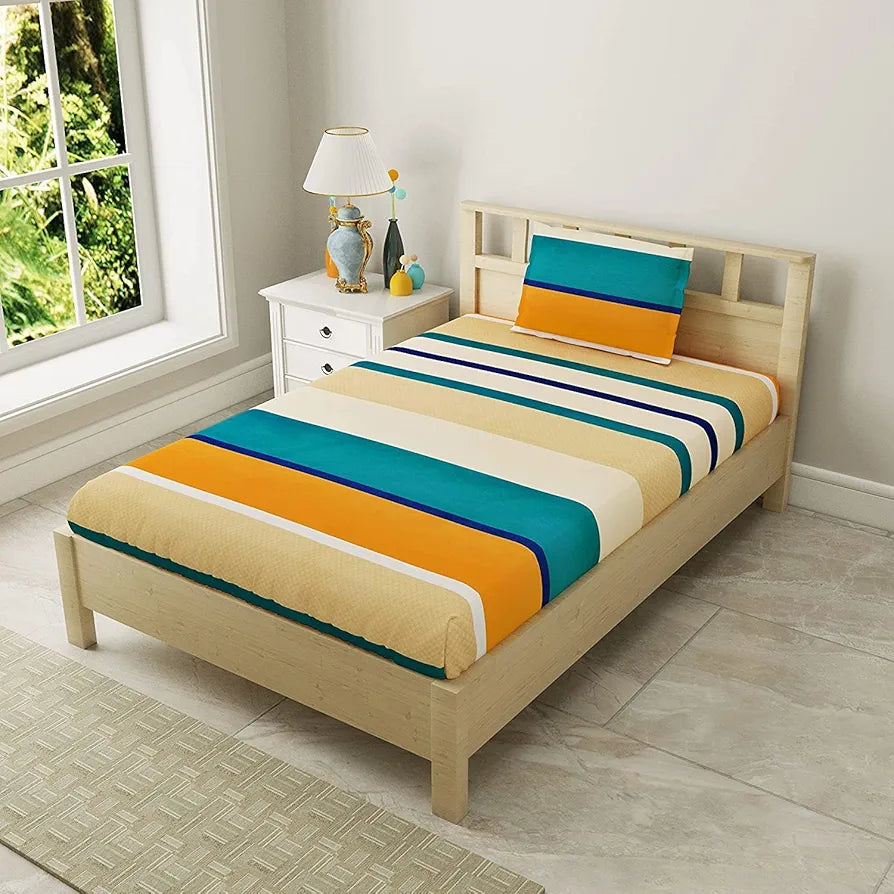 The Home Style Cotton Feel Glace Cotton Elastic Single Bed Bedsheet With 1 Pillow Cover ButterScotch