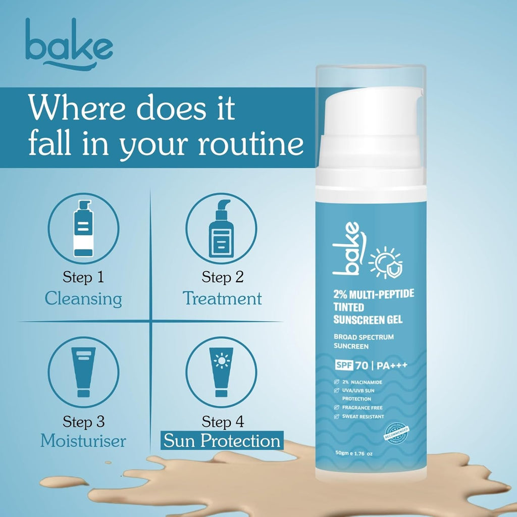 BAKE 2% Multi Peptide Tinted Sunscreen SPF 70 PA+++ with 2% Niacinamide | Water & Sweat Resistant, Broad Spectrum Sunscreen | For All Skin Types | For Men & Women - 50g