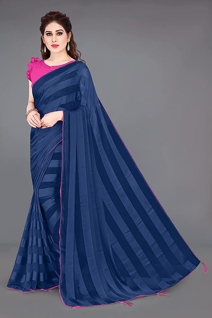Mirchi Fashion Women'S Georgette Shiny Satin Stripes Laining Pattern Saree