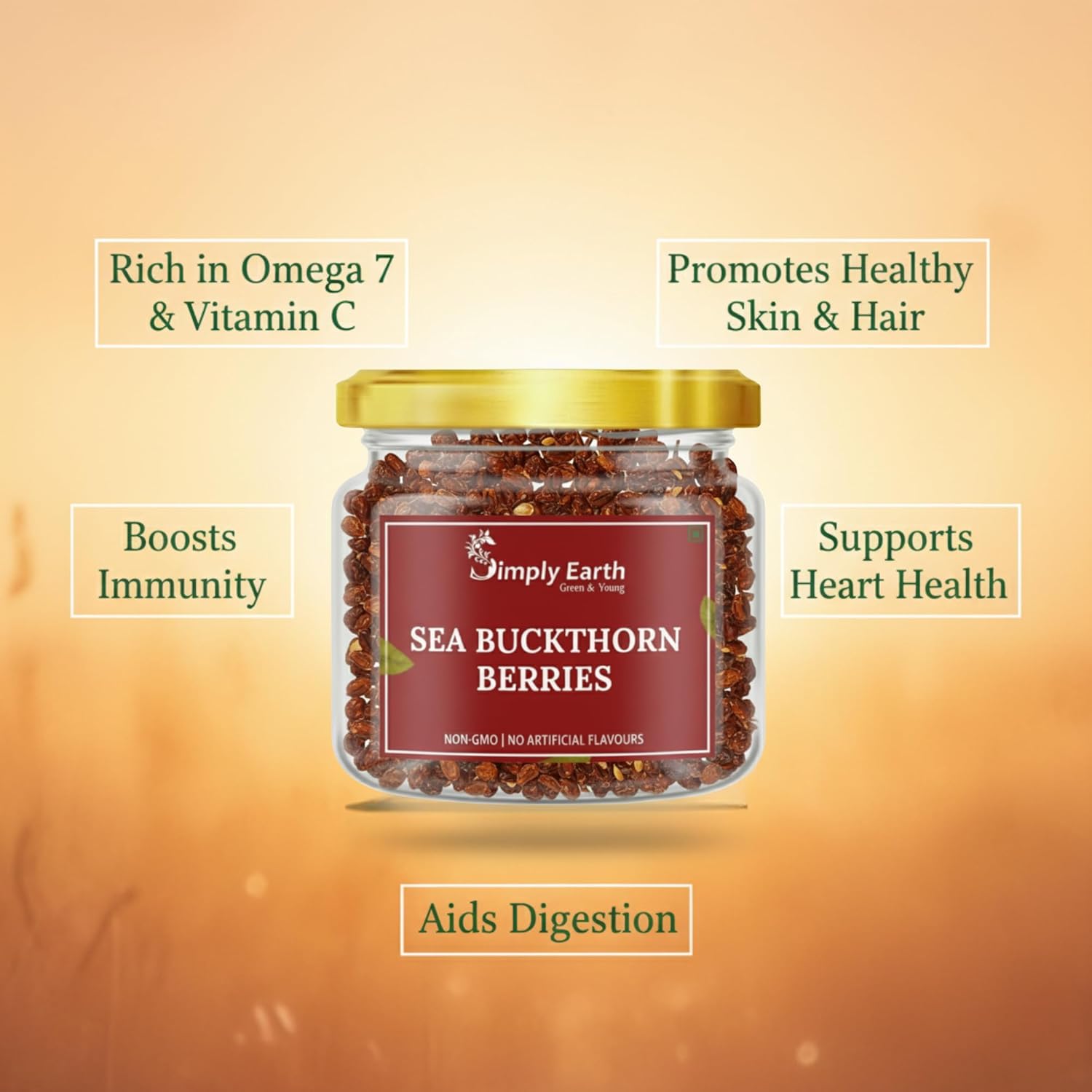 Simply Earth Sea Buckthorn Berries | 100% Natural & Non-GMO | Rich in Vitamin C, Omega 7 & Antioxidants | Boosts Immunity, Skin Glow & Hair Health | No Artificial Flavours - 60g