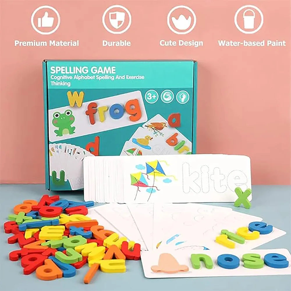 Wishkey Wooden Spelling Game for Kids, Early Education Word Making Game with Flash Cards and Alphabets, Non-Toxic, Educational Toy